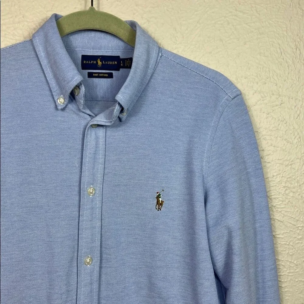 Ralph Lauren Boys Knit Oxford Pony Logo Blue Long Sleeve Button Down Shirt Large